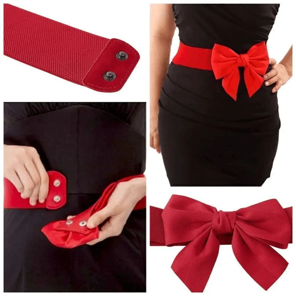 🎀 Red Bow Decor Elastic Stretchy Wide Corset Belt SIZE L-XL NEW